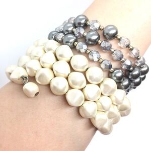 3/$30 VINTAGE FAUX PEARL MEMORY WIRE WRAP BRACELETS BEAD GRAY WHITE 80S SET OF 2